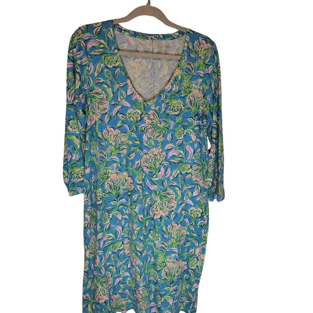 Lilly Pulitzer Blue Floral V-Neck 3/4 Sleeve Cotton Knit T-Shirt Dress 012527